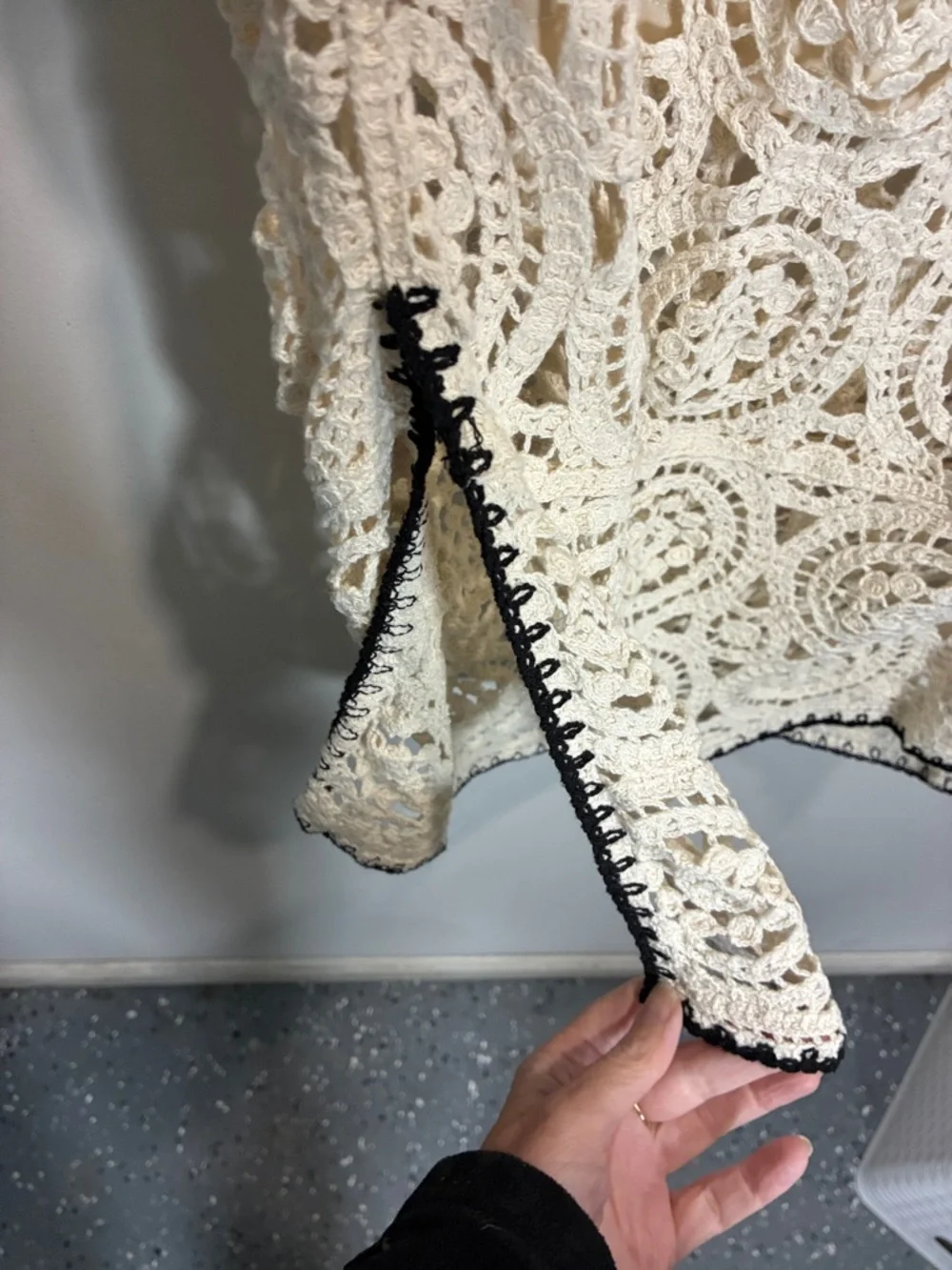 Boho Crochet Midi Skirt Cream w/ Black Trim Side Slit Lined XL - Picture 6 of 11